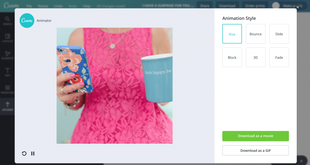 Canva's Instagram post template with a photo of Sue B Zimmerman wearing a pink dress and holding her iPhone and a mug. The animation menu is open.