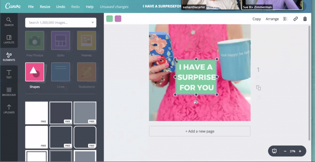 Canva's Instagram post template with a photo of Sue B Zimmerman wearing a pink dress and holding her iPhone and a mug. There is a green square over the middle of the Canva image with text that says I have a surprise for you.