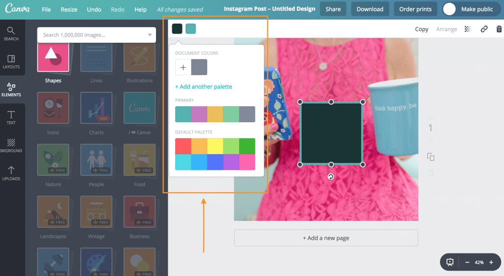 Canva's Instagram post template with a photo of Sue B Zimmerman wearing a pink dress and holding her iPhone and a mug. There is a black square over the middle of the Canva image. The color menu option is open on the left of the menu.