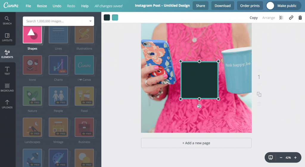 Canva's Instagram post template with a photo of Sue B Zimmerman wearing a pink dress and holding her iPhone and a mug. There is a black square over the middle of the Canva image.