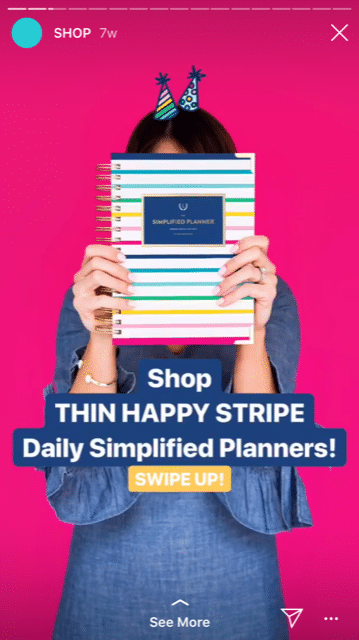 A Simplified Planner Instagram Story shows a woman holding a stripped planner and text overlay that says Shop thin happy stripe daily simplified planners. 