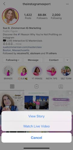Sue B Zimmerman shares a screenshot of the menu options when someone shares an Instagram Live and Instagram Story. 