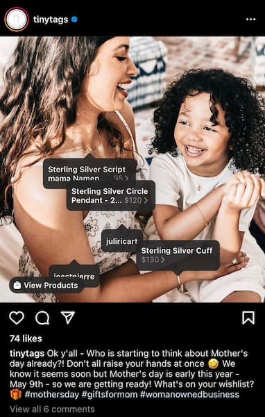 Melissa, owner of Tiny Tags, shares a photo of a mother and child wearing her jewelry collection with shoppable stickers overlaying the post.