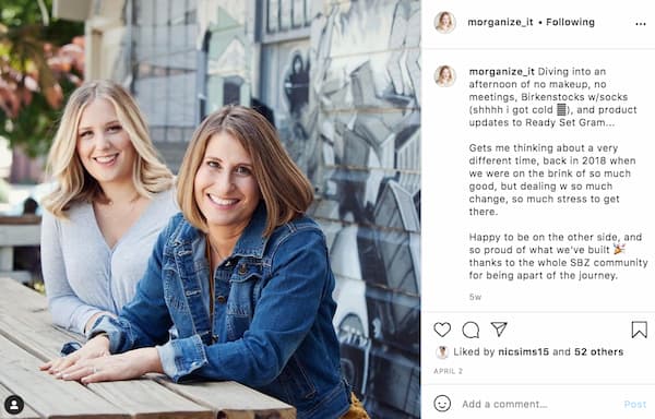 Morgan Sutton's Instagram post showing her and Sue smiling as they discuss the business.
