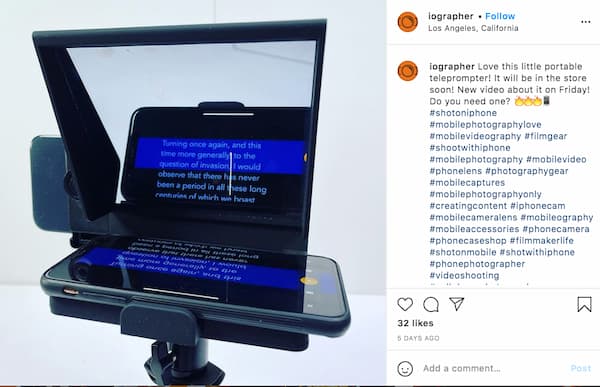 Dan's Instagram photo that shows a mini teleprompter on an iPhone screen.