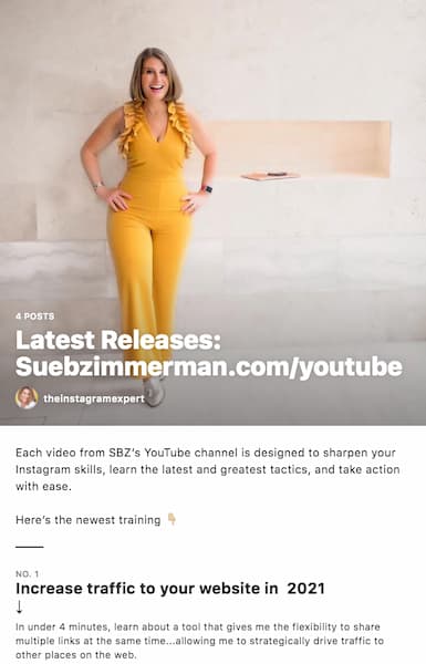 Sue B Zimmerman's Instagram™ Guide that highlights her latest YouTube videos.