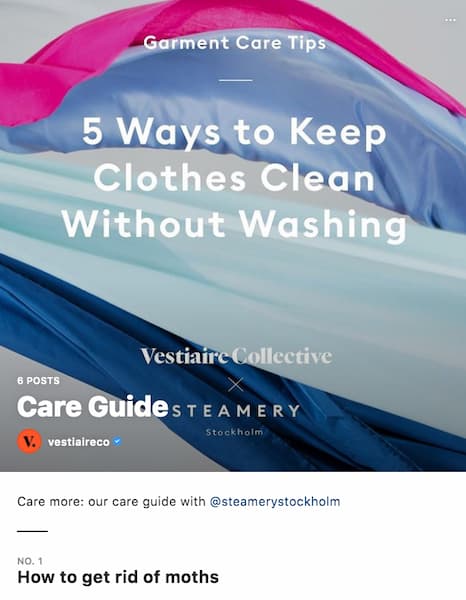 Vestiaire Collective's Instagram™ Guide that highlights 5 ways to keep clothes clean without washing.