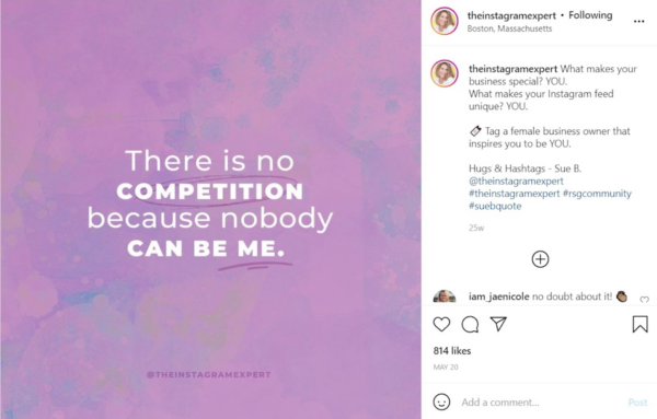 Sue B Zimmerman's Instagram graphic that says "There is no competition because nobody can be me."
