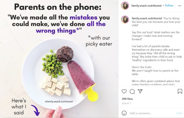 An Instagram post from the Family Snack Nutritionist that shows how to properly address picky eating behaviors.