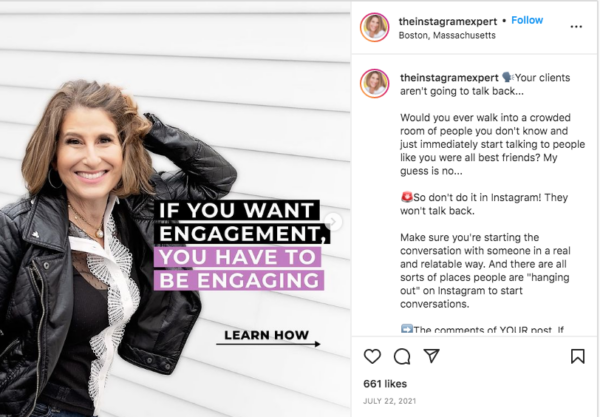 Sue B Zimmerman shares an Instagram carousel post where she breaks down five ways to get more engagement on Instagram.