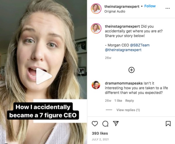 Sue shares an Instagram Reel that tells the story of how Morgan became the CEO of the company.